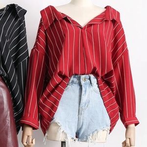 Hong Tai Lang Red & White Stripe Long Sleeves Dip-Back Shirt Women's Size S